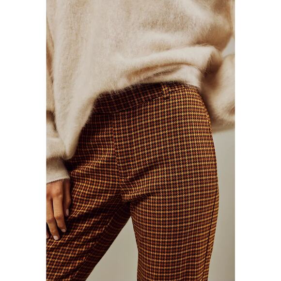 NWT Free People Jana Flare Trousers $98 SIZE 2 Brown Houndstooth Motif - Picture 2 of 8
